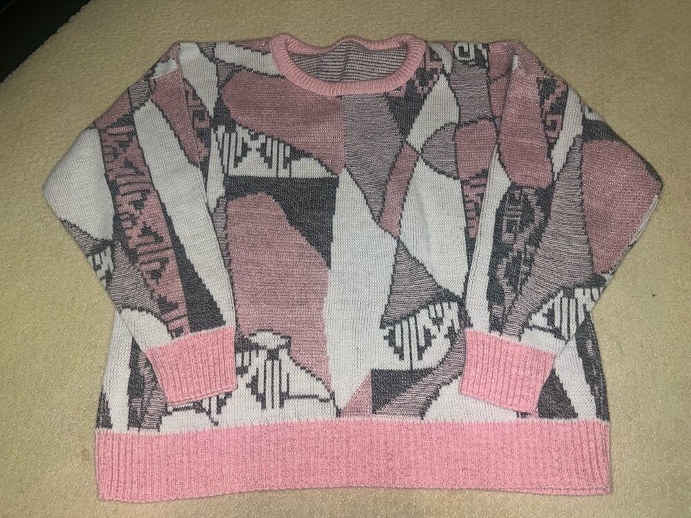 Vtg Exchange Unlimited Abstract Geometric Knit Sweater Pink Gray Metallic M L